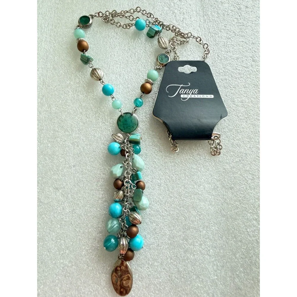 Tanya Creations Turquoise Blue Beaded Y Drop Cluster Pendant Necklace NWT